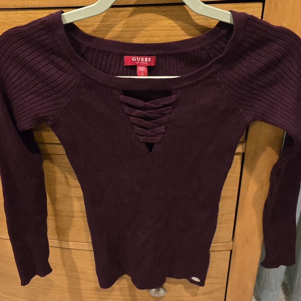 NWOT Guess Women's S Merlot, Long Sleeve Top, Laces Accent